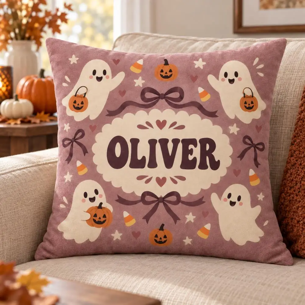 Personalized Custom Name Cute Ghost Bow Pumpkin Throw Pillow Candy Corn Square Cushion Halloween Home Decor Sofa Gift