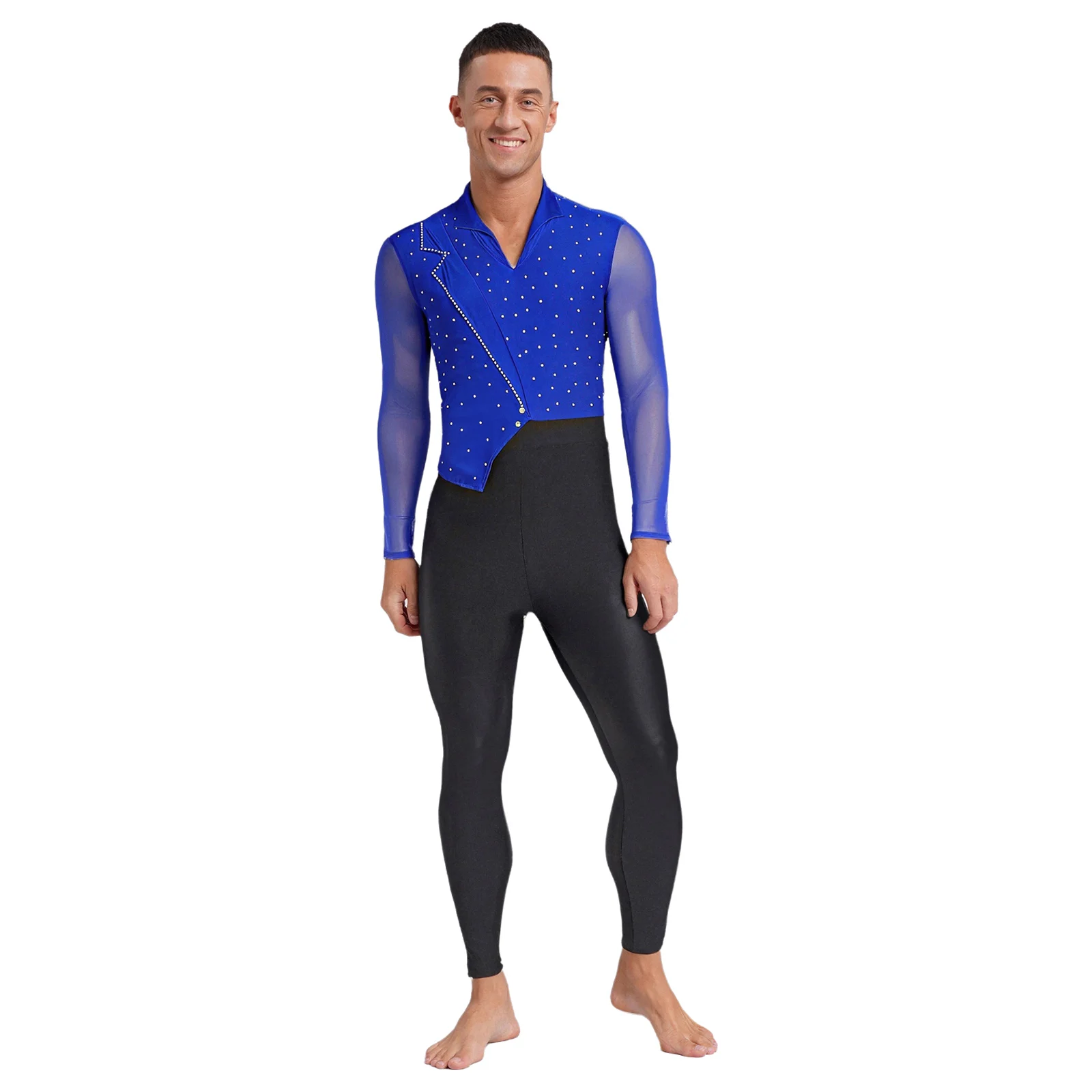 Mens's Acrobatics Leotards Performance Costume Male Dance Artistic Skating Tight Mesh Gymnastics Jumpsuit Latin Dance Bodysuit