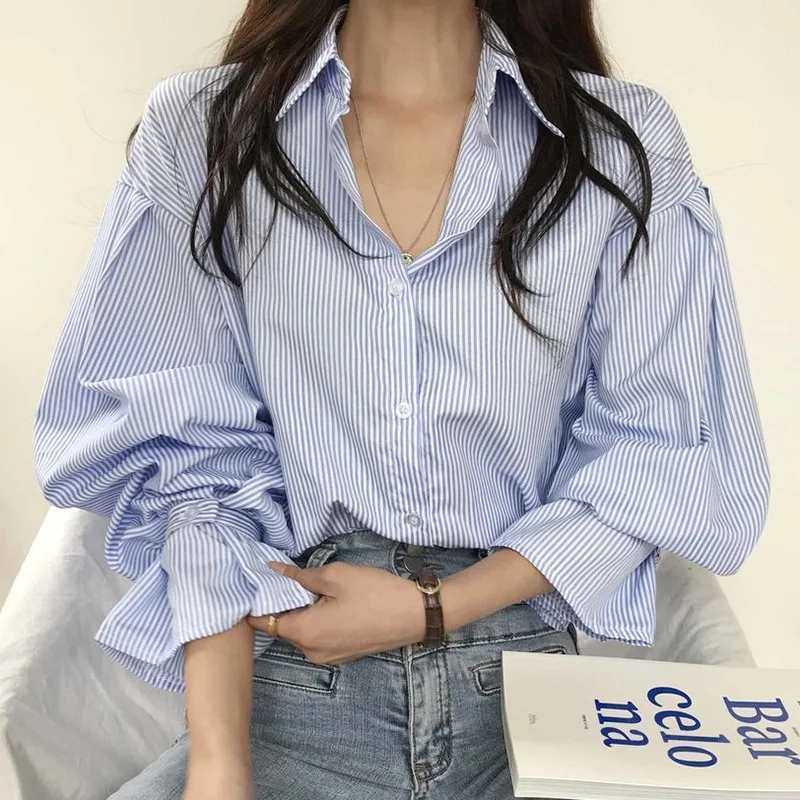 

Chic Spring Autumn Plaid irt Women's Collar Single Button Loose Lantern Sve Striped Top Sweet Sle Long Sve