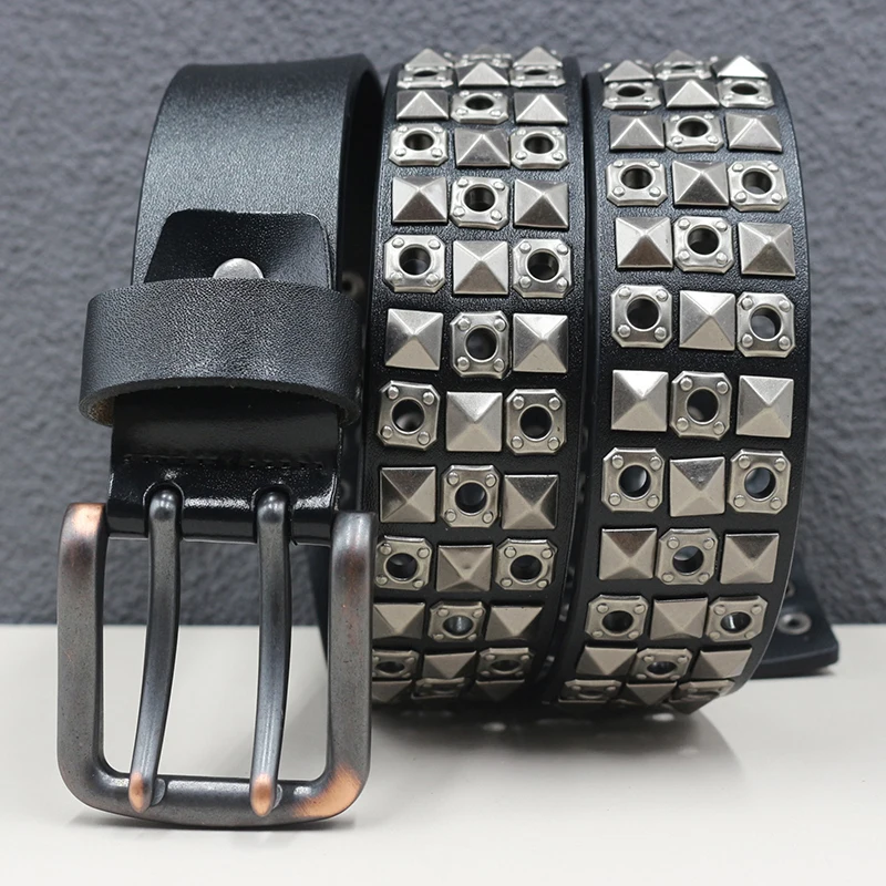 イタリアブランドデザイナーリベットベルト男性ファッションソフトレザースタッズベルトダブルピンバックルウエストバンドレディーストレンディストラップオン