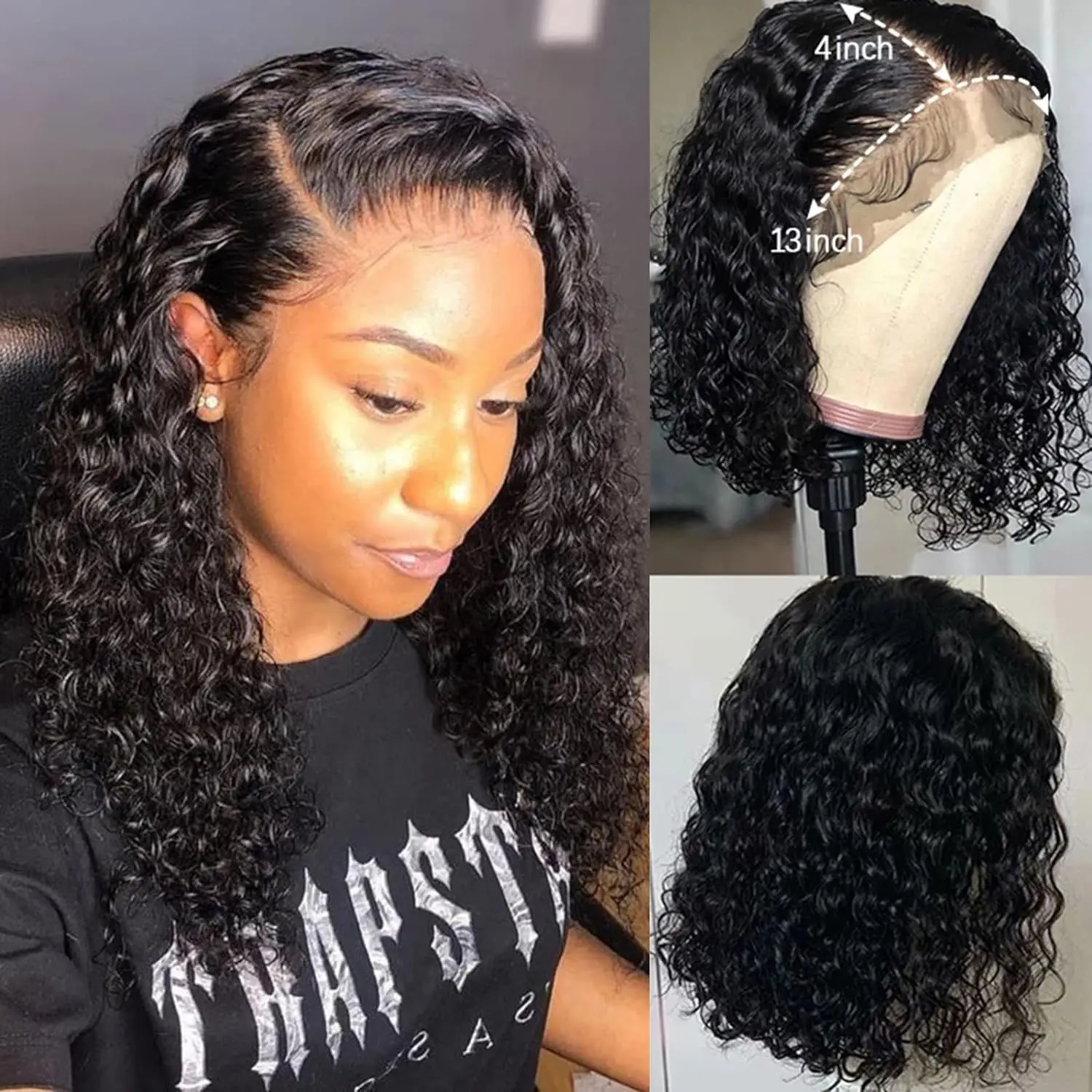 10Inch Short Bob Wigs Deep Wave 13x4 Lace Frontal Wig Brazilian Virgin Human Hair Wig Natural Black 150% Density for Black Women