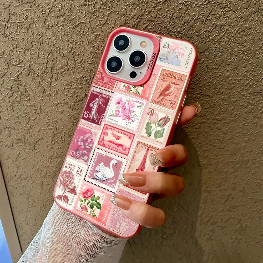 

Pink Stamp Design Mobile Phone Case Shockproof and Anti Slip Frosted Suitable for iPhone 16 15 14 13 12 11 Pro Max Plus Mini