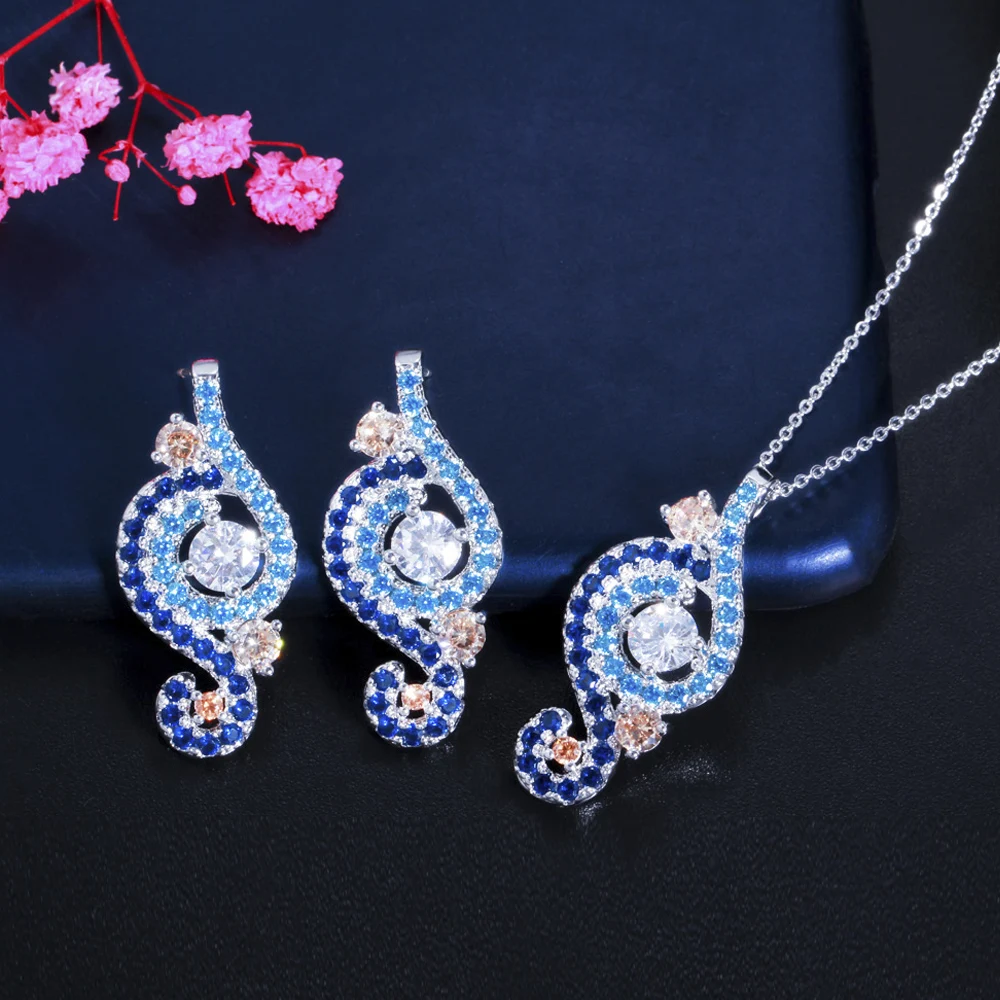 

ThreeGraces Aesthetic Blue Cubic Zirconia Unique Geometric Earrings and Pendant Necklace Party Jewelry Set for Women JS531