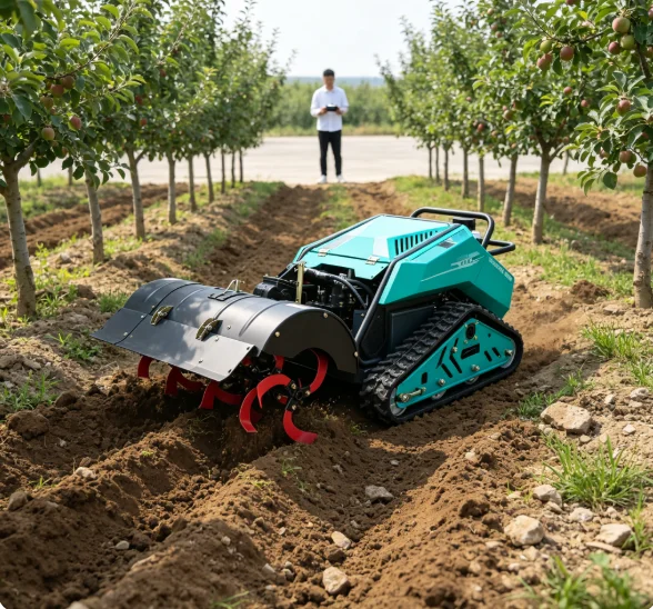Greenhouse Orchard RC Tracked Rotary Tiller Cultivator Trencher and Flail Mower 13kW 900mm 500kg