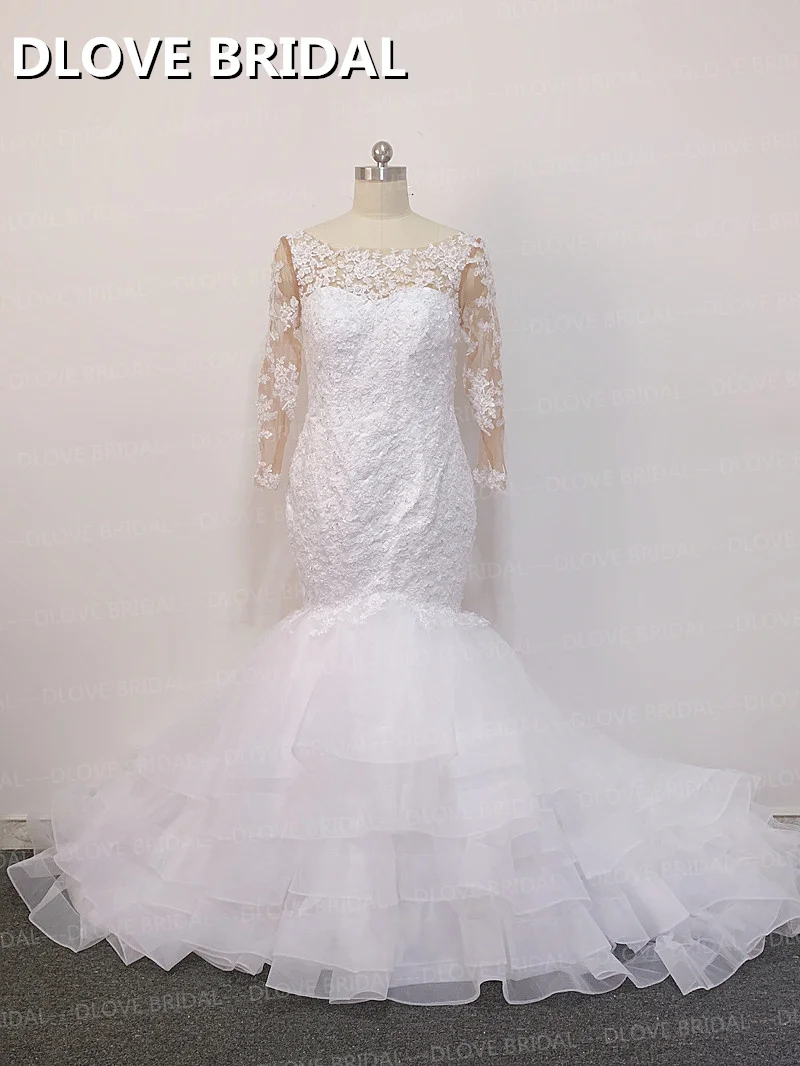 Classic Ruffles Mermaid Wedding Dresses Three Quarter Sleeves Lace Bridal Gown Factory Real Photos