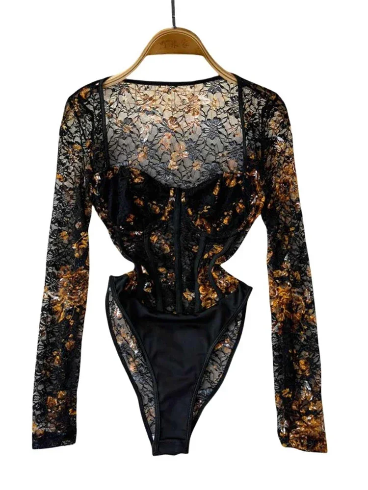 Langarm Quadrat Kragen Exotische Sexy Strampler Coquette Kleidung frauen Grüne Spitze Overalls Vintage Dünne Playsuits Harajuku