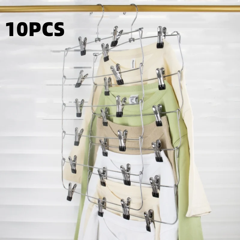 1/3/5/10PCS 6-Tier Folding Hanger Skirt Pants Shorts Hangers with Clips Space Saving No Slip Clothing Storage Metal Skirt Rack