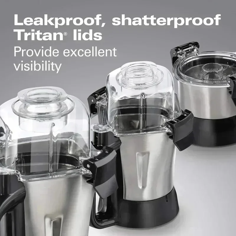 PMD4-Hamilton Beach Molinillo mezclador exprimidor profesional 4 en 1, motor de 1400 vatios de grado comercial, 120 V, 3 tarros a prueba de fugas,