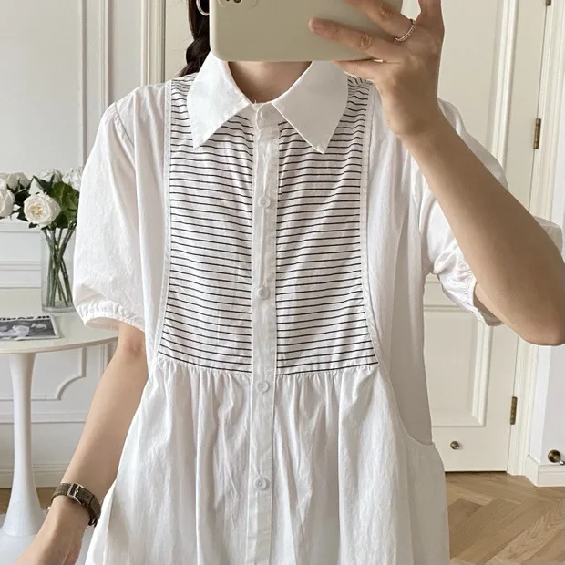 

New 2026 Summer Women Cotton Short Sleeve Dresses, Lapel Striped Patchwork, Mori Girl Fashion Design Sense Loose Dress D63027CC