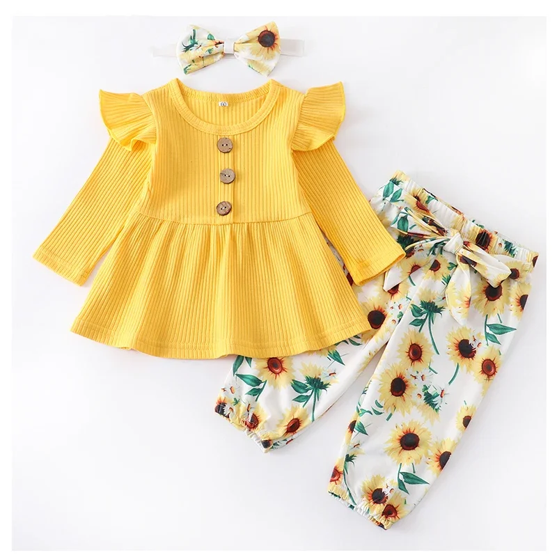 3Pcs Newborn Baby Girl Clothing Cute Yellow Knitted Long Sleeve Top Sunflower Pants Headband Toddler Clothes Fashion Outfits