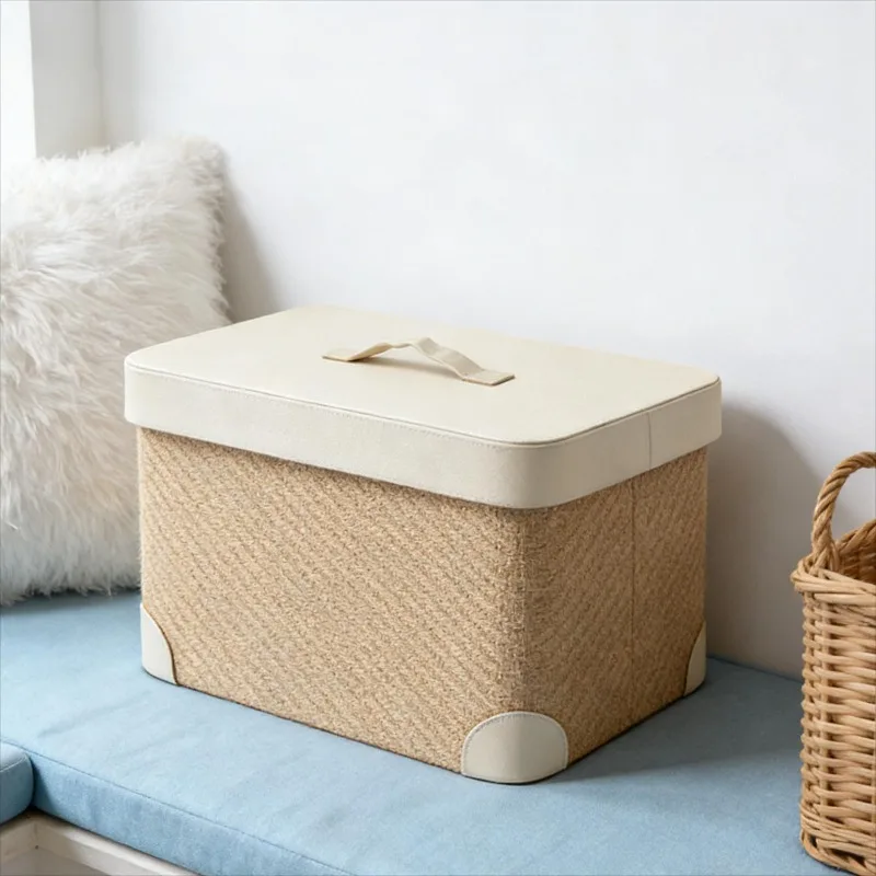 

Large Jute & Leather Woven Storage Bin with Lid, Handmade Laundry Hamper & Home Organizer for Bathroom, Bedroom, Living Room