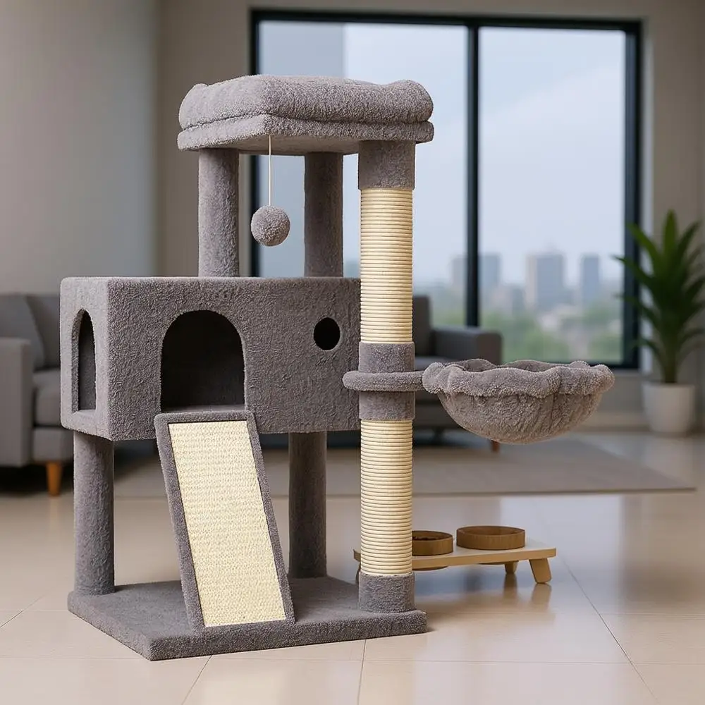 

36-серое домашнее кошачье дерево с гамаком и сизалевой стойкой для игр в котяте и когтеточек