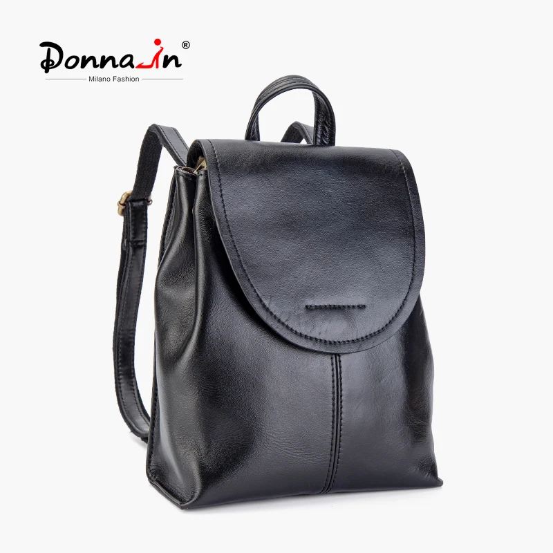 

Donna-in Women Genuine Leather Backpack Fashion Elegant Black Commute Knapsack Soft Leather Casual Backpacks Men Work Office