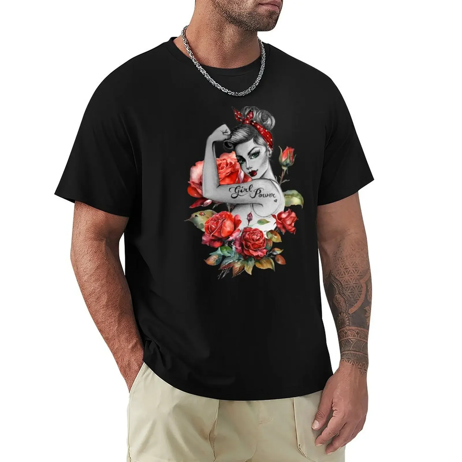 Red Roses and Ladybug Girl Power by Anne Cha Modern Rosie the Riveter T-shirt sweat mens t shirt graphic