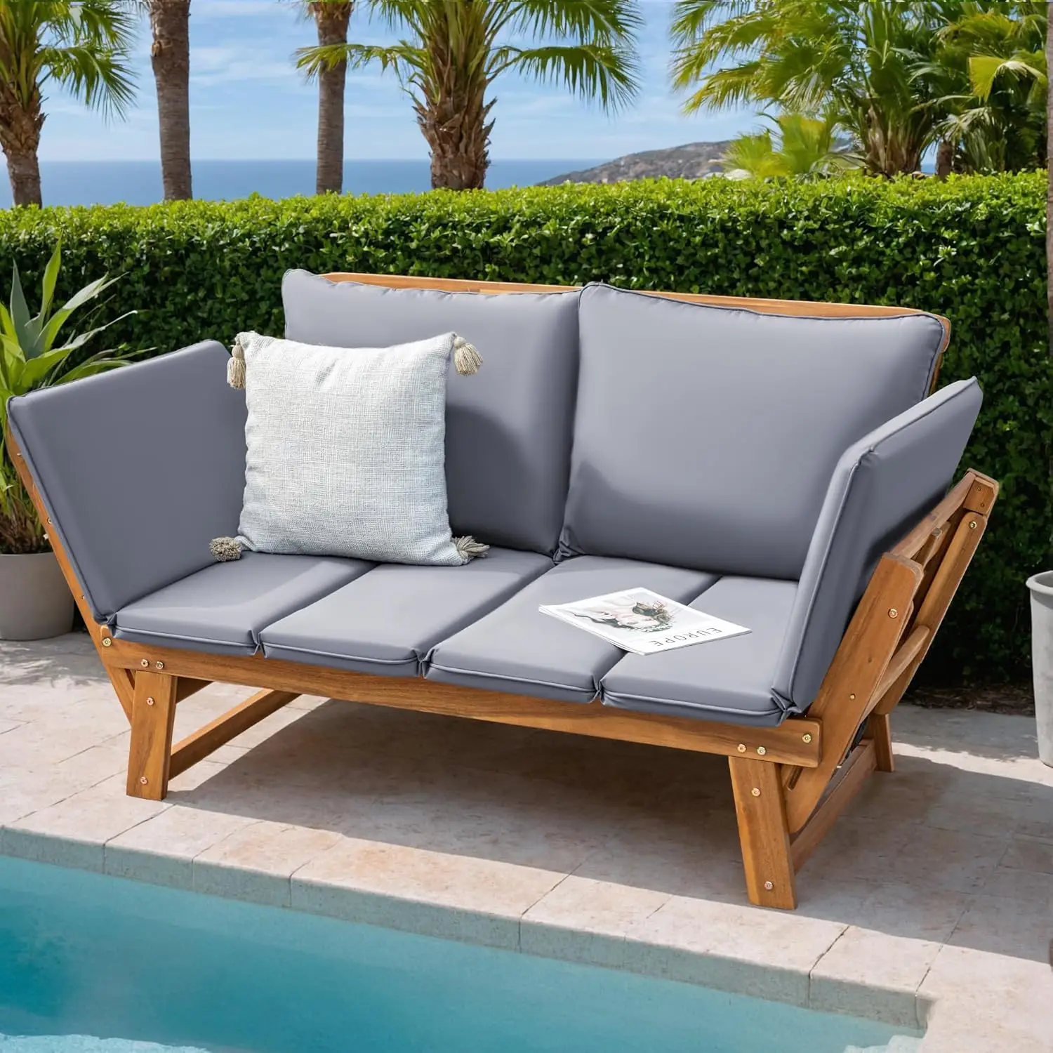 Patio Convertible Couch Sofa Bed with Adjustable Armrest, Acacia Wood Outdoor Daybed with Cushion & Pillow, Folding Chaise Loung