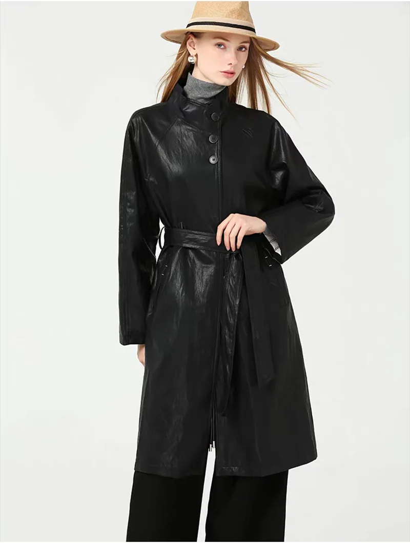 

Women's 2025 Minimalist Moto Jacket - Sleek Shiny PU Leather Trench Coat Mid-Length Retro Windproof Warm Outerwear Fall/Winter