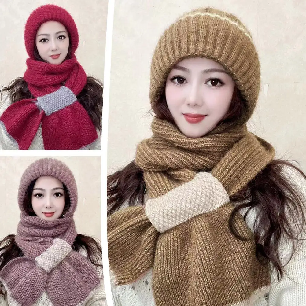 Knitted Snow Hat Integrated Ear Protection Windproof Cap Scarf Neck Warmer Cross Cycling Balaclavas Hat Soft Thicken Outdoor Cap