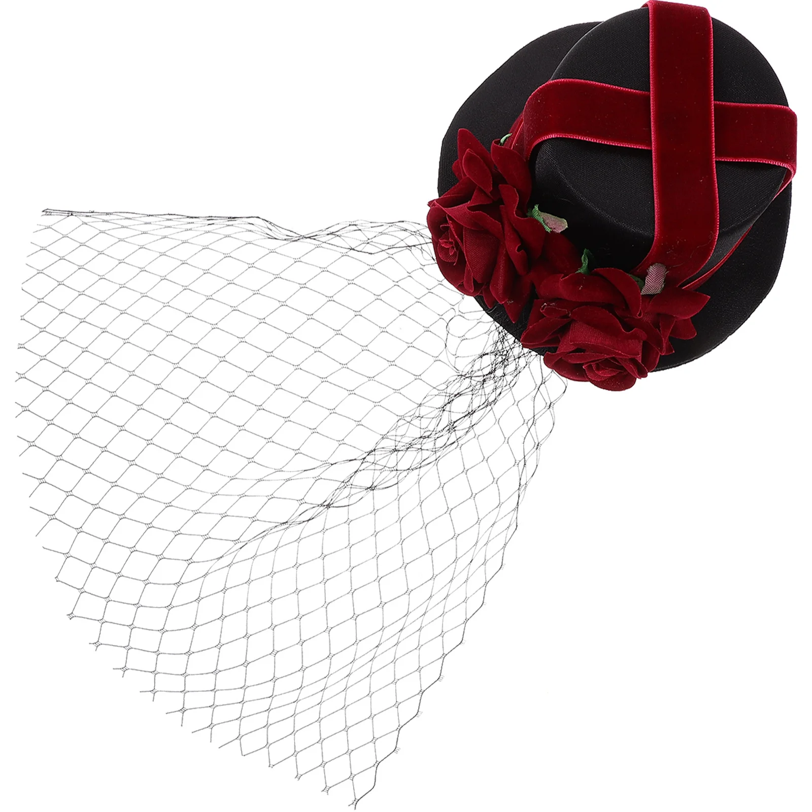 

Red Rose Vintage Style Mesh Hat Elegant Satin Gauze Hairpin Lightweight Easy Clip Party Festival Hair Accessory