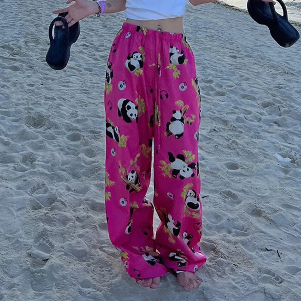 Panda cartoon printed casual pants for women in summer drawstring elastic waist design, sweet and spicy  wide leg pants