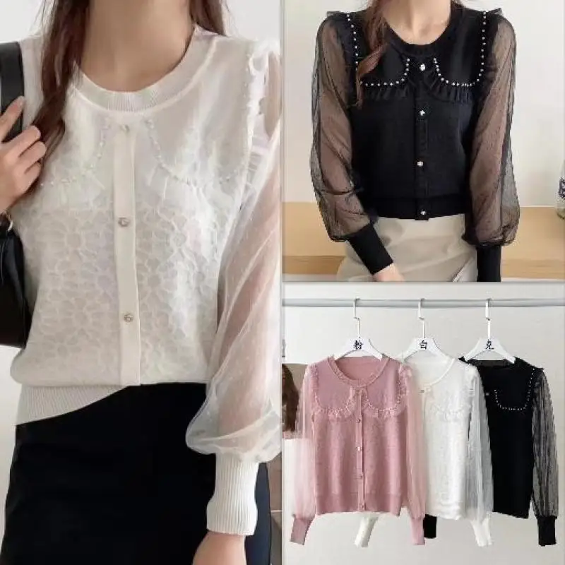 

Lace Patchwork Knitted Sweater Women Beaded Chiffon Long Sleeve Top