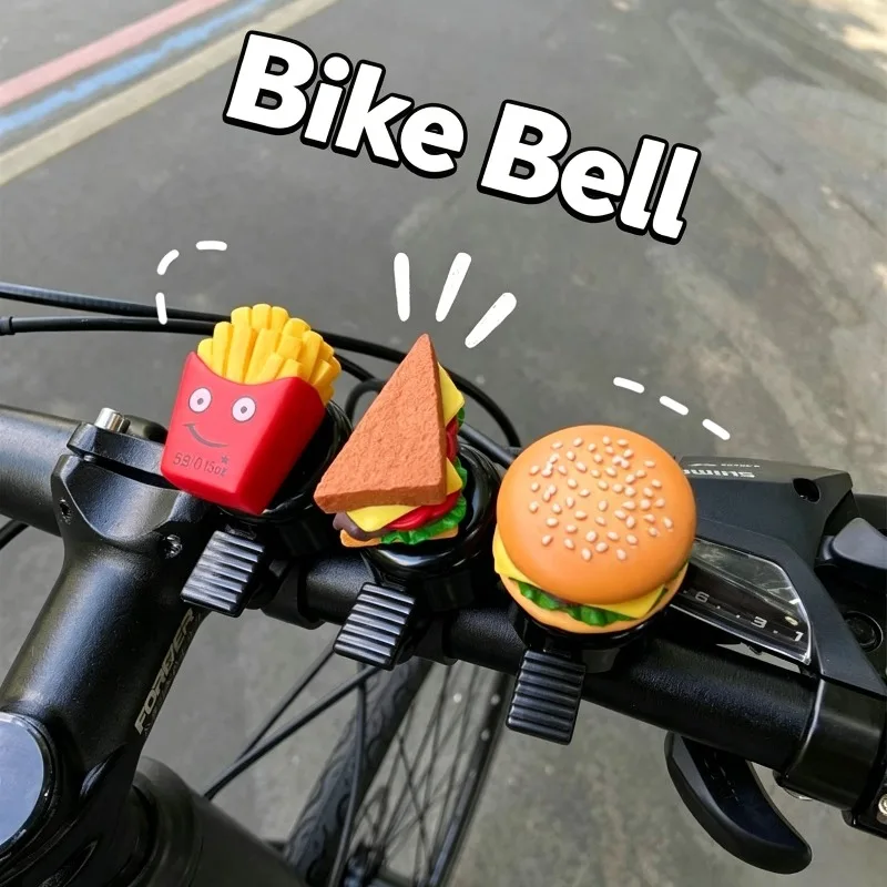 Niedliche Mini-Fahrradklingel im 3D-Hamburger-Pommes-Sandwich-Design, lauter Klang, Lenkerklingel für Kinder und Erwachsene, Fahrrad-Dekorationszubehör