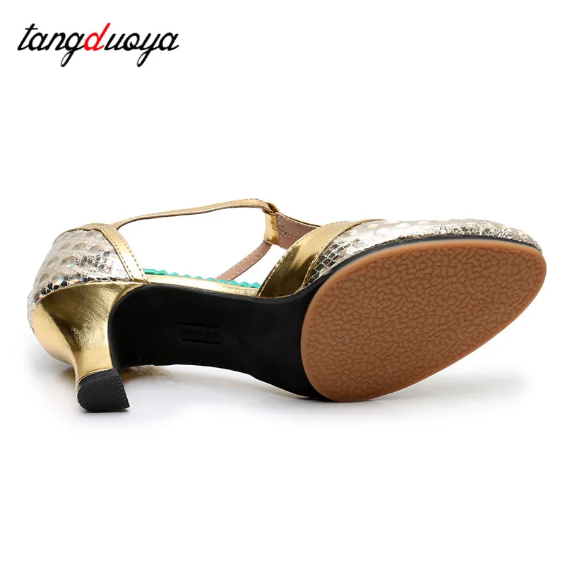 Sepatu dansa Salsa sepatu dansa Latin wanita sepatu dansa ujung tertutup Glitter hak tinggi 5.5cm sepatu dansa Tango Ballroom sandal perempuan wanita