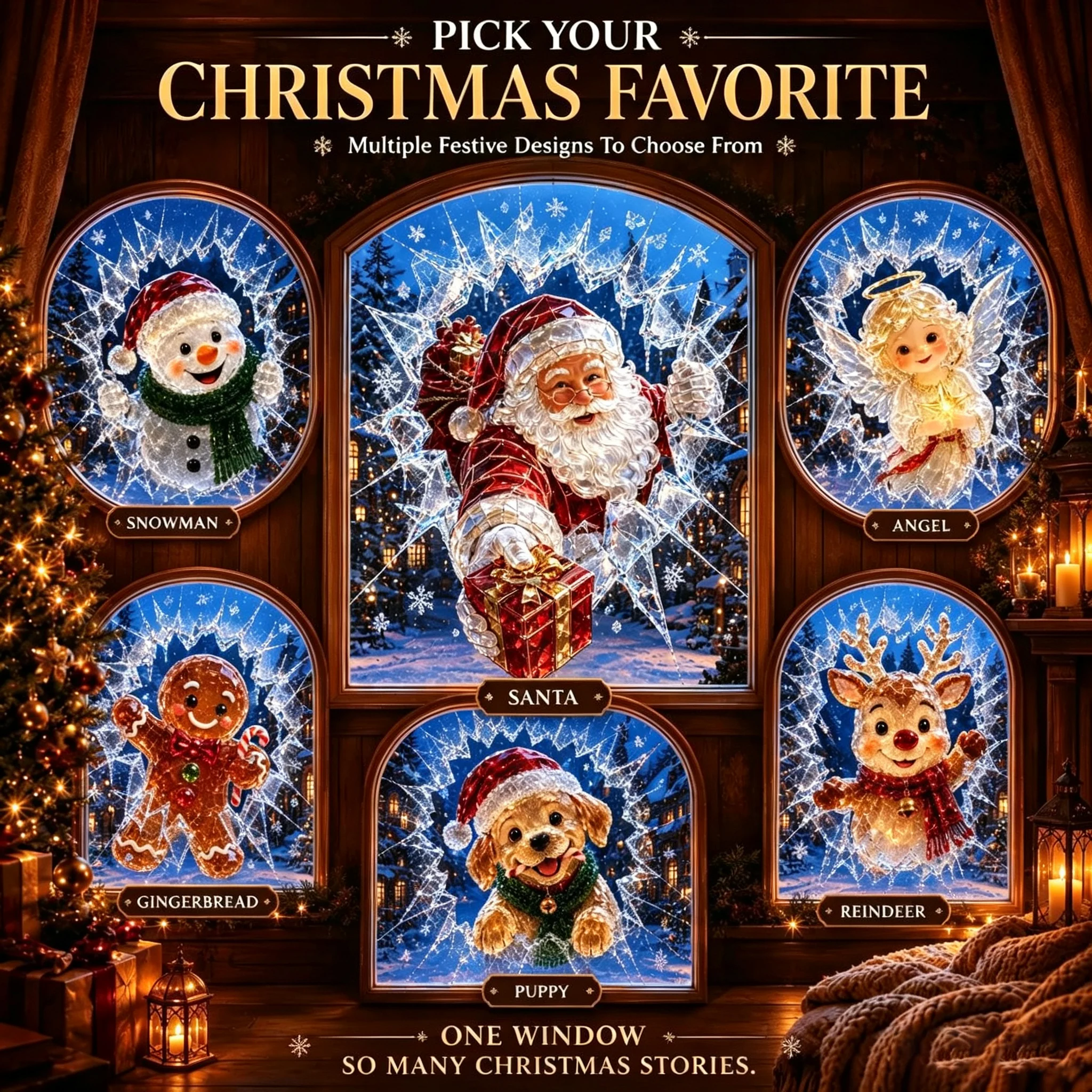 3D Glass Effect Window Sticker Static Cling Decal Multiple Christmas Character Patterns for Home Window Holiday Party Decor