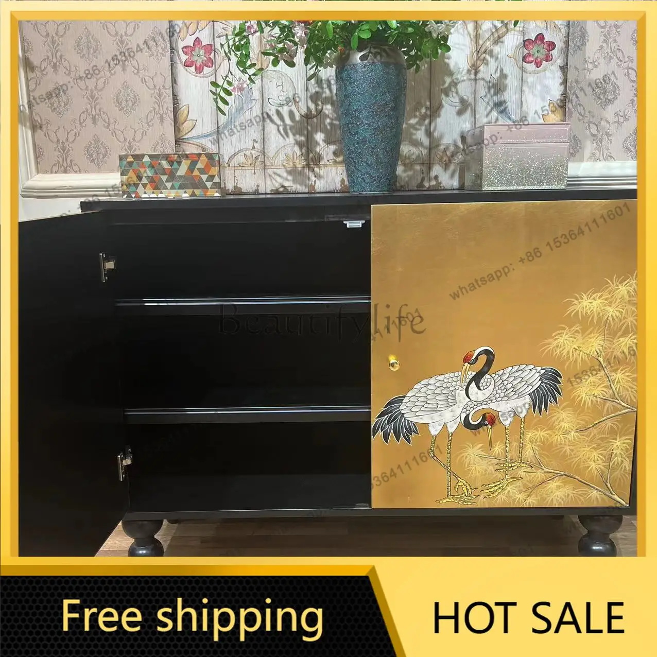 LD gold foil crane double door cabinet new Chinese living room zen entrance locker