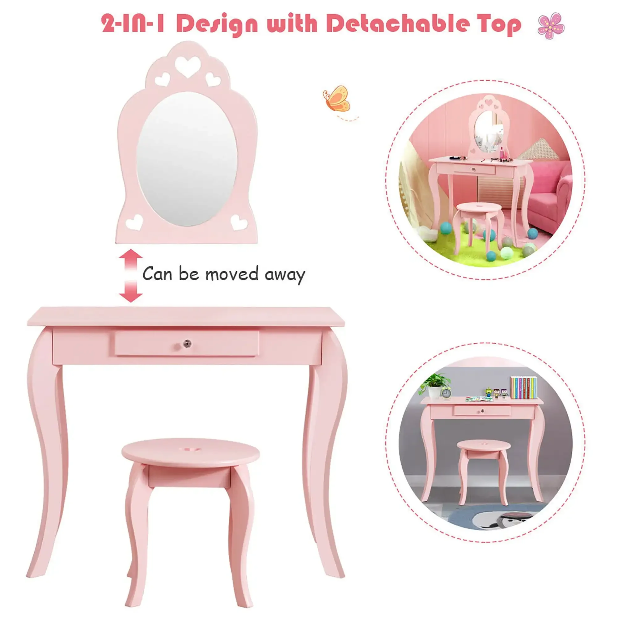 Kids Vanity Set Princess Makeup Dressing Play Table Set W/Mirror  Pink