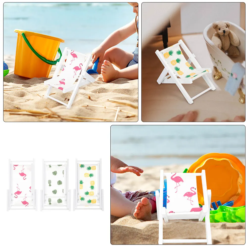 

3pcs Miniature Folding Chair Accessories Wooden Beach Dollhouse Furniture Foldable Long-term Mini Chairs Simulated Toy