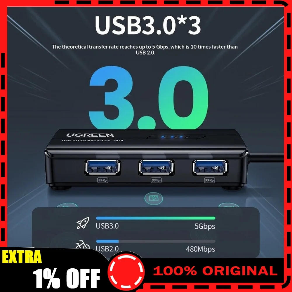 UGREEN 20265 USB 3.0 Hub with 3 USB Ports Gigabit Ethernet RJ45 5Gbps Network Adapter for Laptop Desktop PC