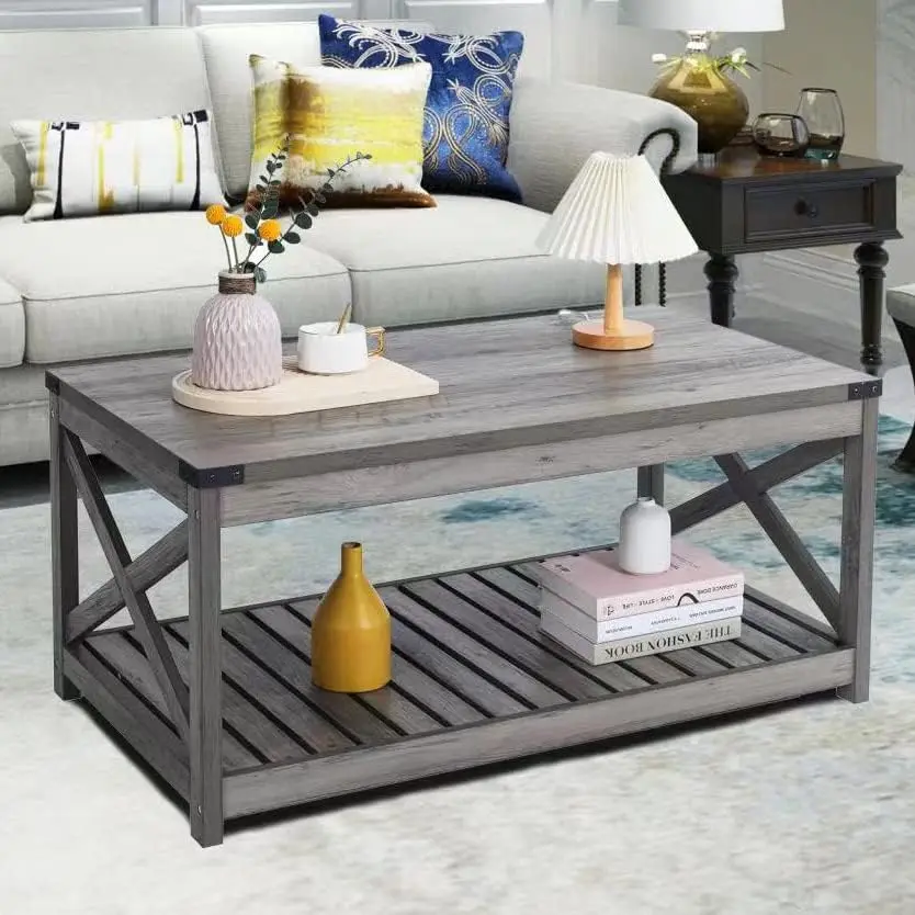 Sophia Farmhouse Coffee Table with Slatted Shelf and Corner Protection, 40 Inches