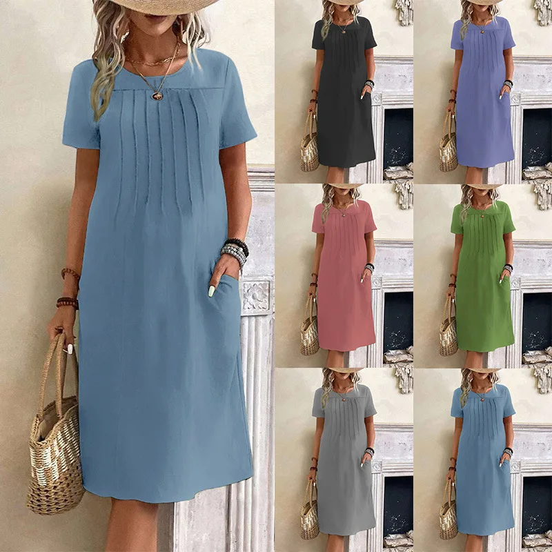 

TOY-New Short Sleeve Urban Casual Beach Dress Strap Loose Waist Dress