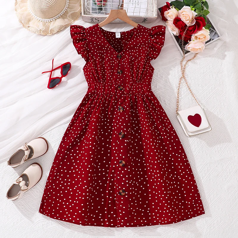 Dress For Girls 8-12 Years V-neck Small Flying Sleeves Polka Dot Dress Button Trim Comfortable And Cool