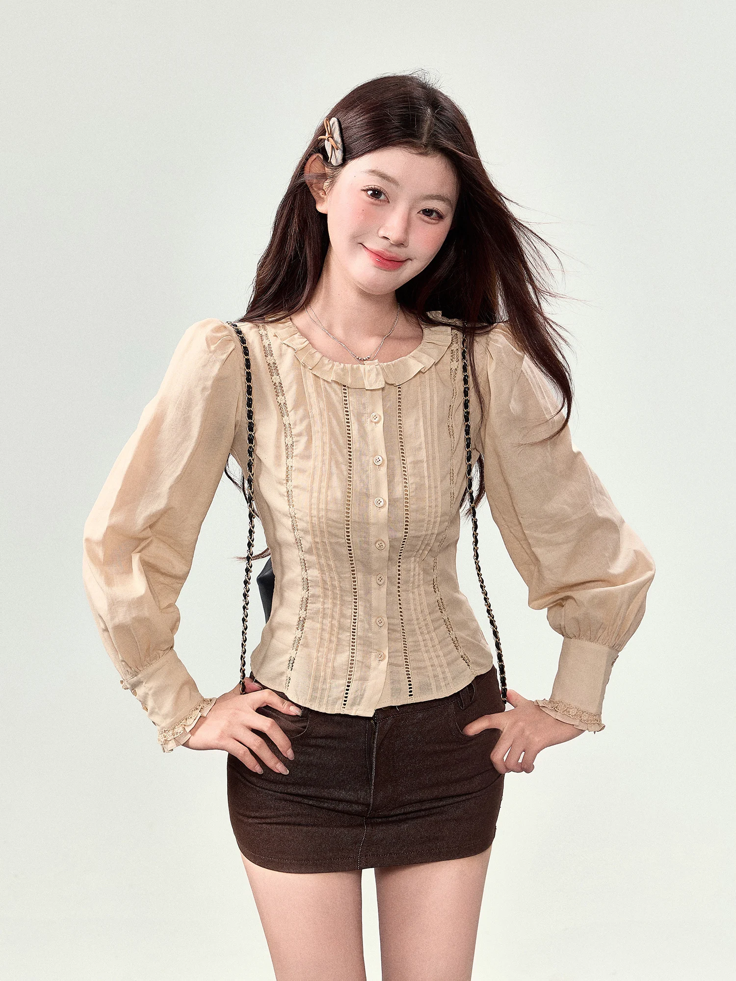 

Heavy Embroidery Hollow Lace irt Women's Long Sve Slim Fit irt French Sle Girls Summer Faion Ciwalk Suit