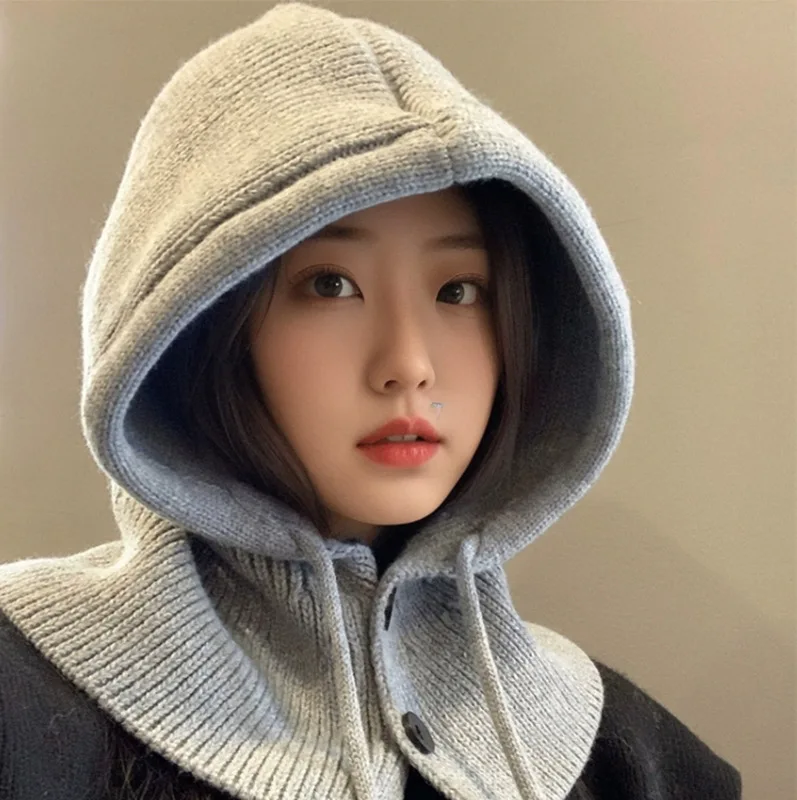 

Korean lovers Balaclava hats Winter Hat Scarf Combo Knitted Warm Ear Protection hats for women Large Size luxury hats for women