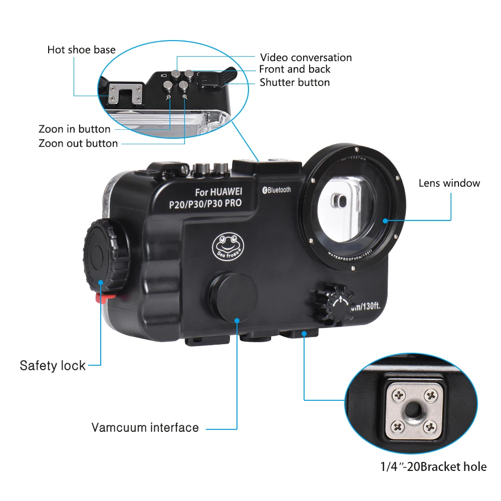 Seafrogs สำหรับ HUAWEI P20 P30 P40 Pro ใต้น้ำกันน้ำดำน้ำโทรศัพท์มือถือสีแดงตัวกรองกันน้ำกระเป๋า