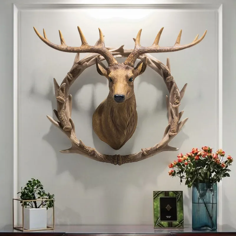 Lucky Deer Head Wall Hanging Decoration, American Country, Restaurant Pendant, Entrance, Hallway, Aisle Background, VIP