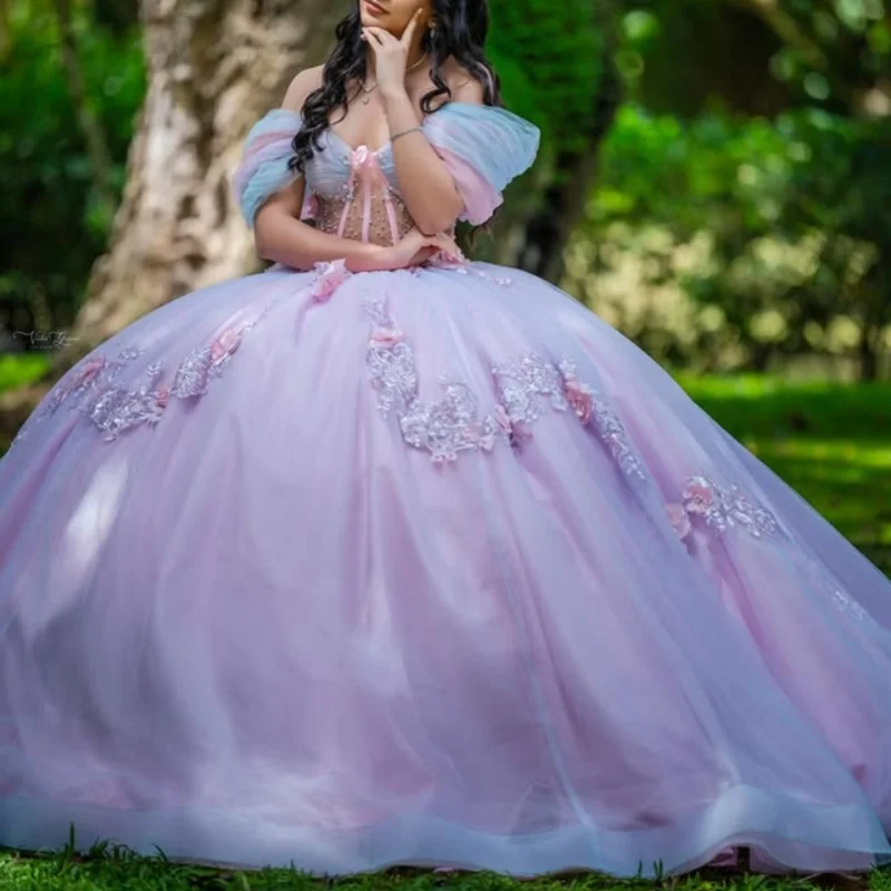 

lavender purple Quinceanera Dress crystal glitter flower Decal Long tail Bow luxury Vestidos De 15 Quinceanera ﻿Customize