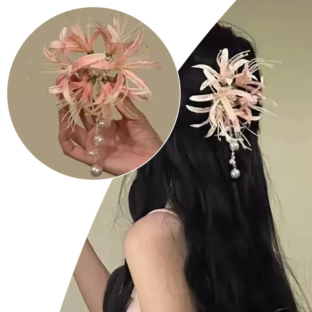 

Red Spider Lily Flower Hair Clips Romantic Suitable Vacation Beach Parties Artificial Flower Clips Pearl Tassel Side Hairpin