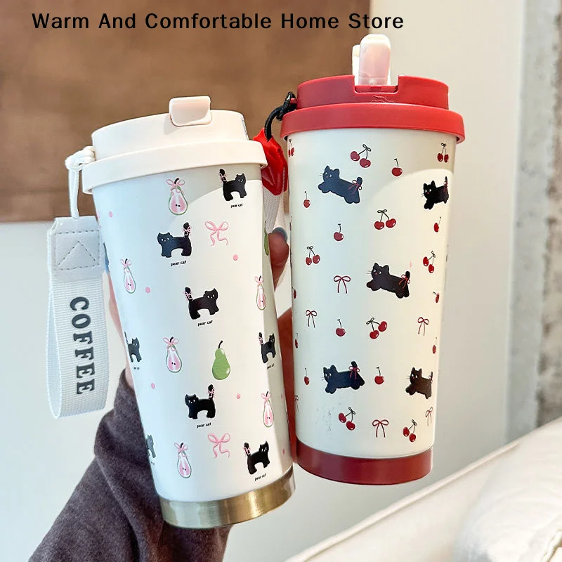 Taza aislante al vacío de doble bebida Floral Kitten de 550ml, botella de agua de acero inoxidable 316 de gran capacidad con pajita, vajilla para exteriores