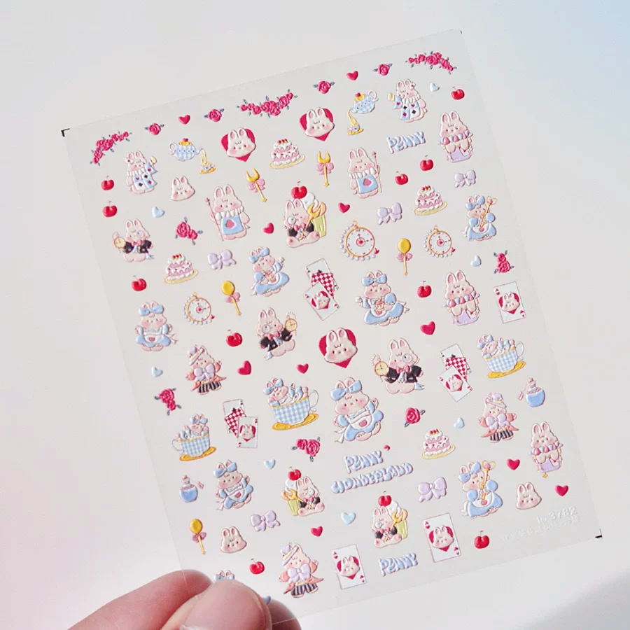 Lindo pequeño conejo regordete pegatina de uñas sueños en el país de las Maravillas pegatinas decoración de uñas DIY prensa en las uñas