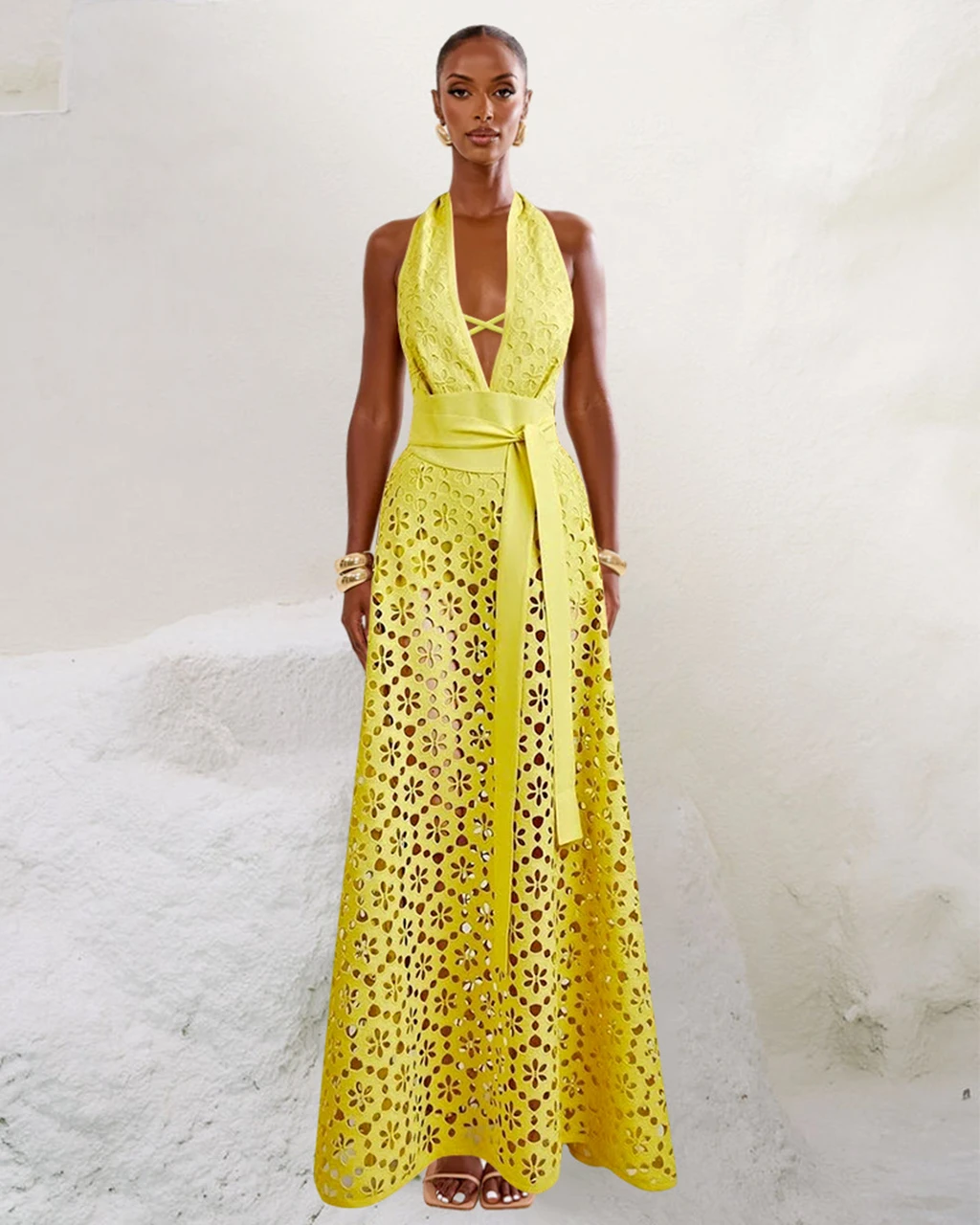 섹시한 옐로우 비키니 여성 솔리드 커버업 투피스 수영복 2025 딥 V넥 수영복 홀터넥 모노키니 롱 스커트 수영복