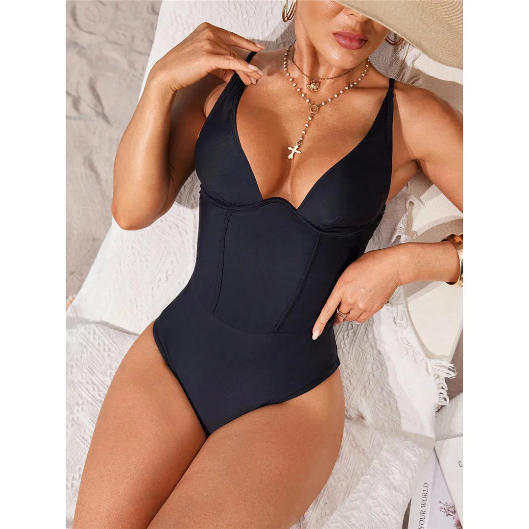 S - XL V Neck Tummy Control Women Swimwear One Piece Swimsuit Female Lace Up High Leg Cut Padded Bather Bathing Suit Swim