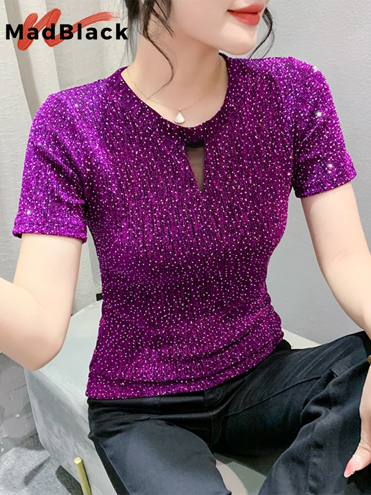 MadBlack European Clothes T-Shirt Women Sexy O Neck Shiny Hot Drill Letter Slim Tops Short Sleeve Tees Summer New 2024 T443110JM