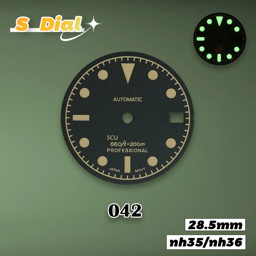 جديد 28.5 مللي متر S شعار NH35 الهاتفي الرجعية الفرعية الأسود الهاتفي صالح NH35/NH36/4R/7S الحركة اليابانية C3 الأخضر مضيئة ساعة اكسسوارات