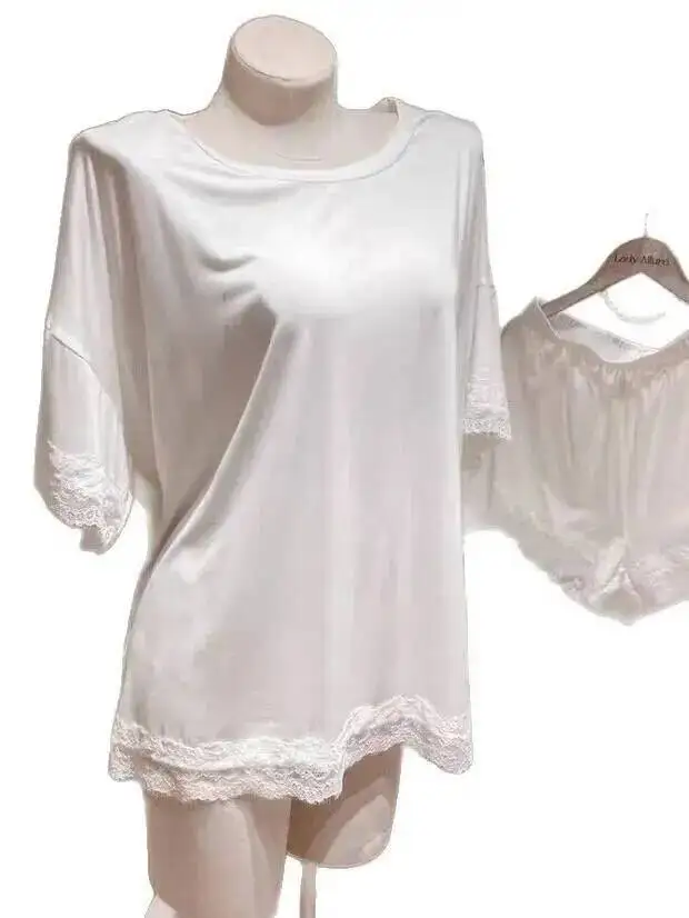 خريف جديد منامة النسخة الكورية فضفاضة خارج الكتف الدانتيل قصيرة الأكمام تي شيرت الساخن بلون فستان الساحرة أنيقة 16TT