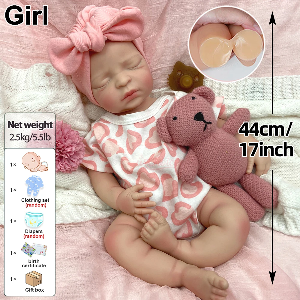 Bambola Reborn in Silicone Solido da 17 Pollici, Bambina Addormentata con Bocca Apribile, Peso Realistico, per Collezionisti Adulti, Regalo di Compleanno