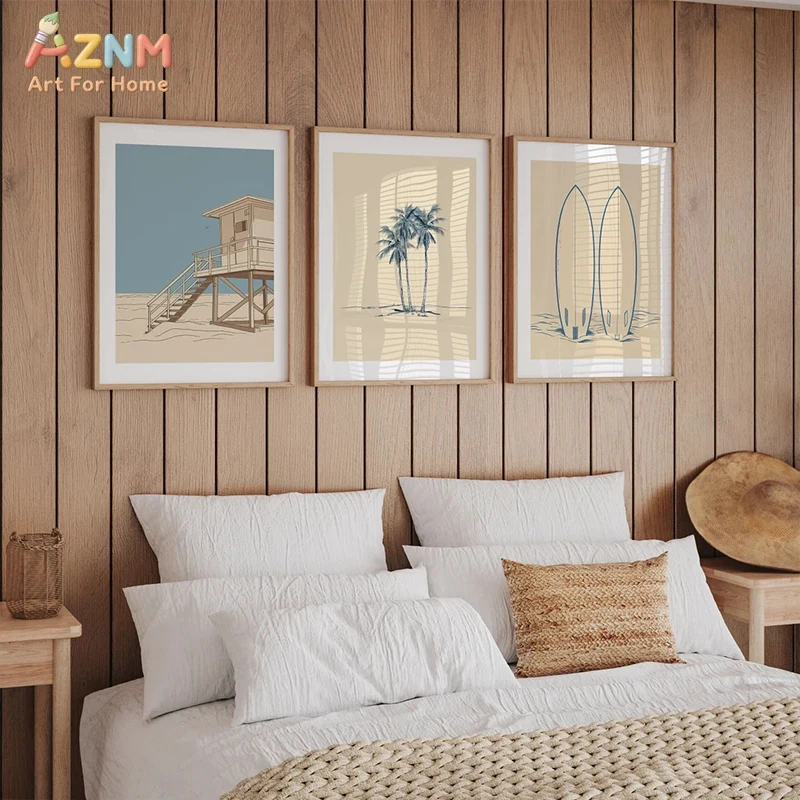 AZNM Vintage Beach Wall Art Canvas Print Unframed Surfboard Wave Palm Tree Lifeguard Tower Seagull Sand Dollar Painting Coastal