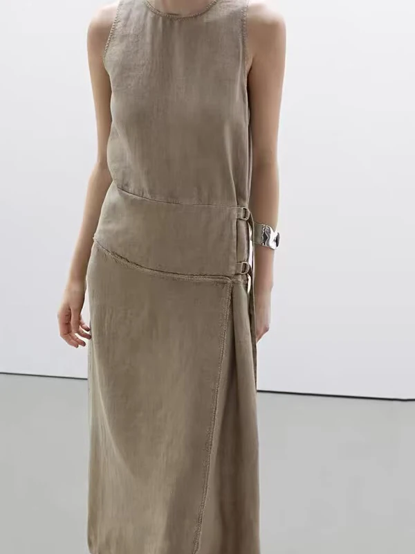 

MD Women's round Ne Svel Linen Dr Summer New Arrival Simple Loose Fit Bule Vest Dr Commute Sle Long Skirt